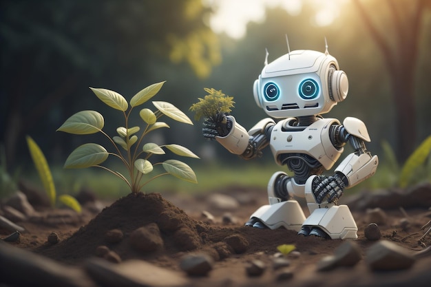 A robot planting a plant in the soil