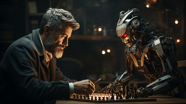 A robot playing chess with a man