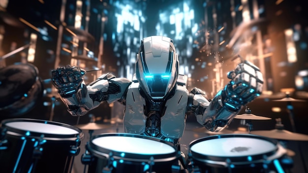 A robot playing a drum set in a city