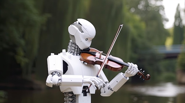 美しい公園でバイオリンを弾くロボット