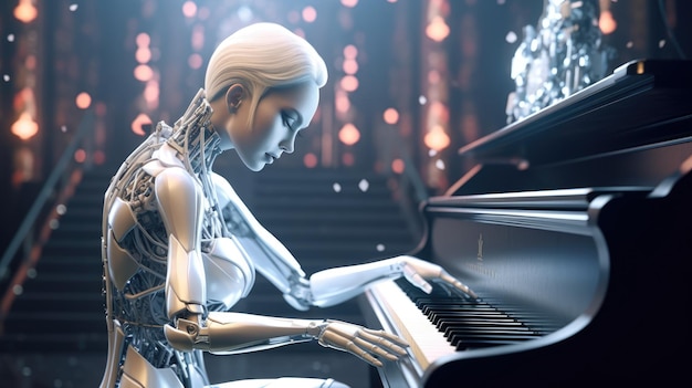 A robot playing a piano in a dark room