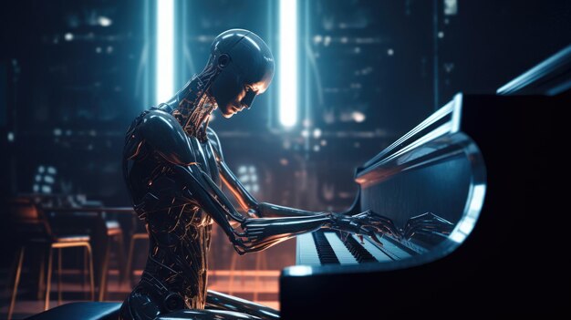 A robot playing a piano in a dark room