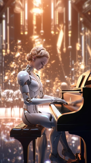 A robot playing a piano with a lit up background