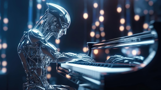 A robot playing a piano with a man playing the piano