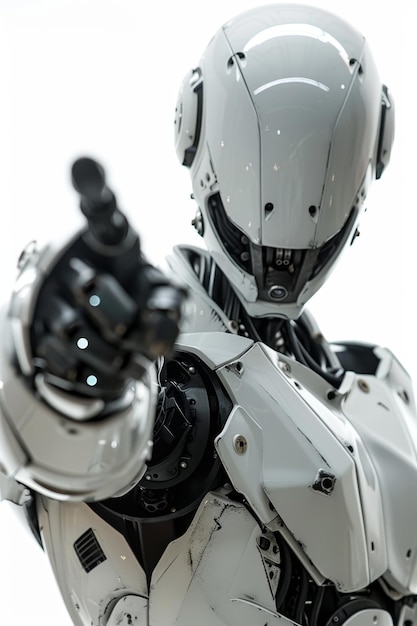 A robot pointing fingers forward standing on a white background