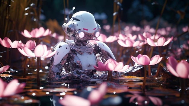 A robot in a pond with lotus flowers.