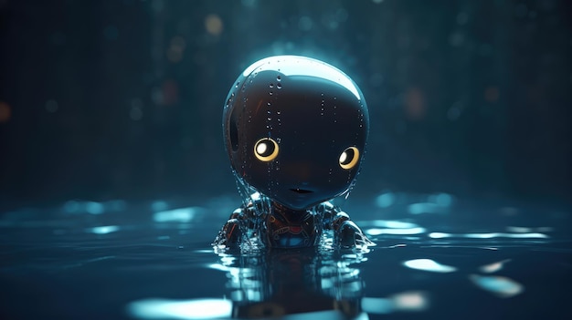 A robot in a pool of water with a blue background.