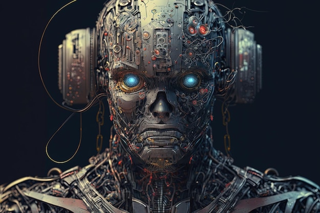 로봇 초상화 기술 상상력 근접 촬영 데이터 헤드셋 게임 지식 컴퓨터 그래픽 창의성 과학 사이버 공간 인공 지능 AI의 개념