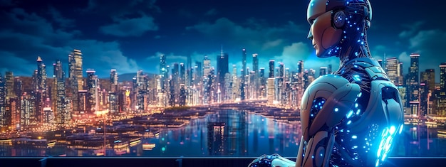 Портрет робота с футуристической панорамой города на фоне концепции будущего развития Generative AI