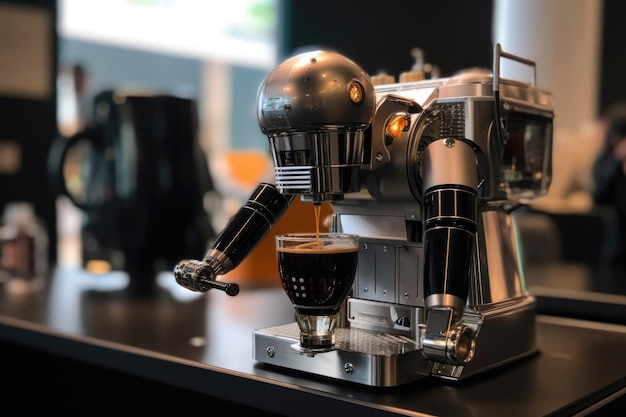 Photo robot pouring coffee into travel mug generative ai