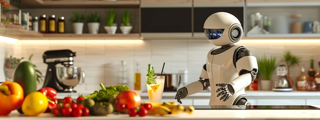 the robot prepares juice from fresh fruits and berries in the kitchen