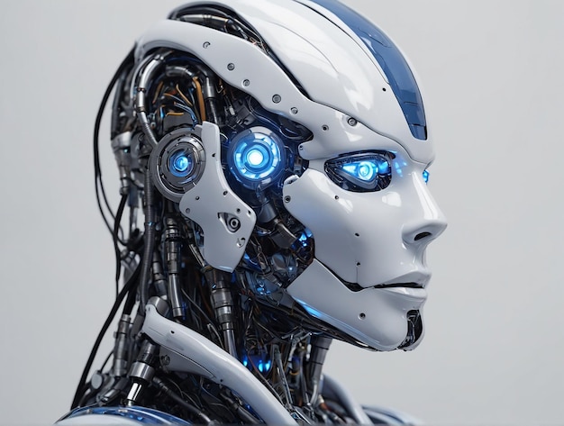 Photo a robot in profile with glowing eyes the personification of artificial intelligence