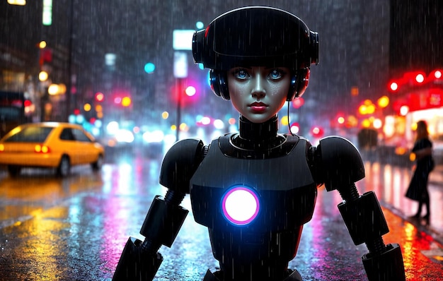 Robot in the rain A drenched android stands in the center of a megalopolis Generative AI