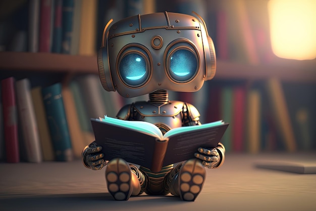 A robot reading a book in front of a bookshelf generative AI