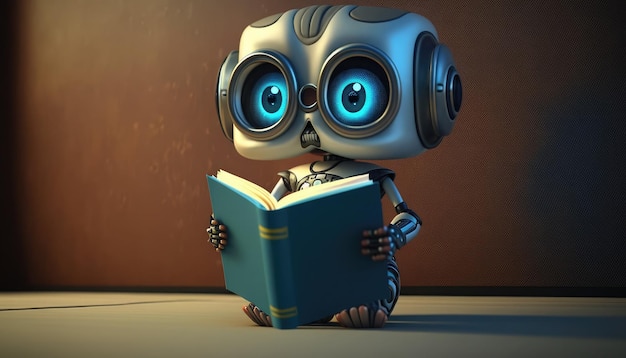 A robot reading a book with a blue face reading a book.