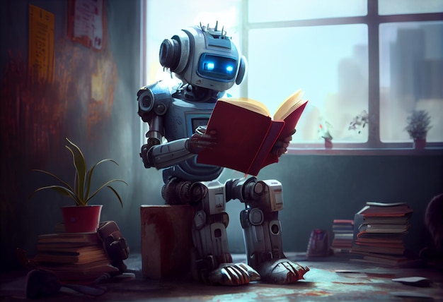 A robot reading a book with a book on it