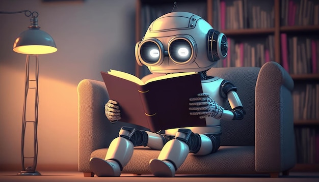 A robot reading a book with the word robot on it