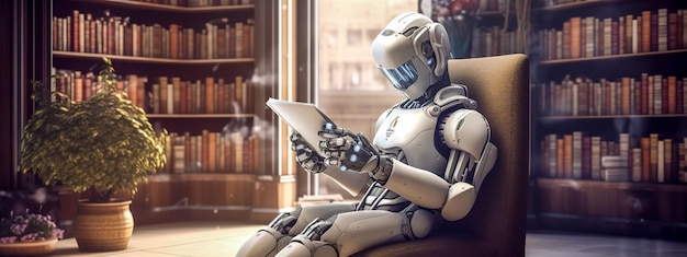 robot reads a book concept of machine learning artificial intelligence from available sources of information