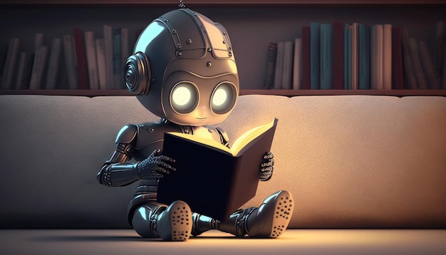 A robot reads a book on a couch.