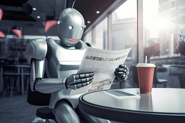 Foto un robot legge un giornale in un caffè generative ai 2