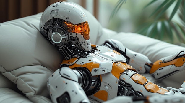 Robot relaxing at home lying on sofa