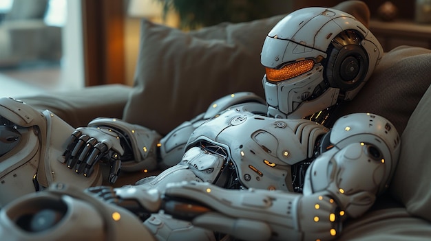 Robot relaxing at home lying on sofa