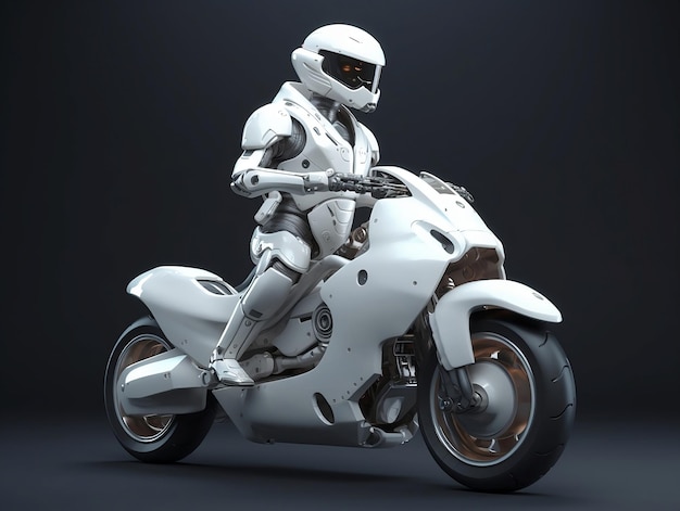 A robot riding a motorcycle with a helmet on.