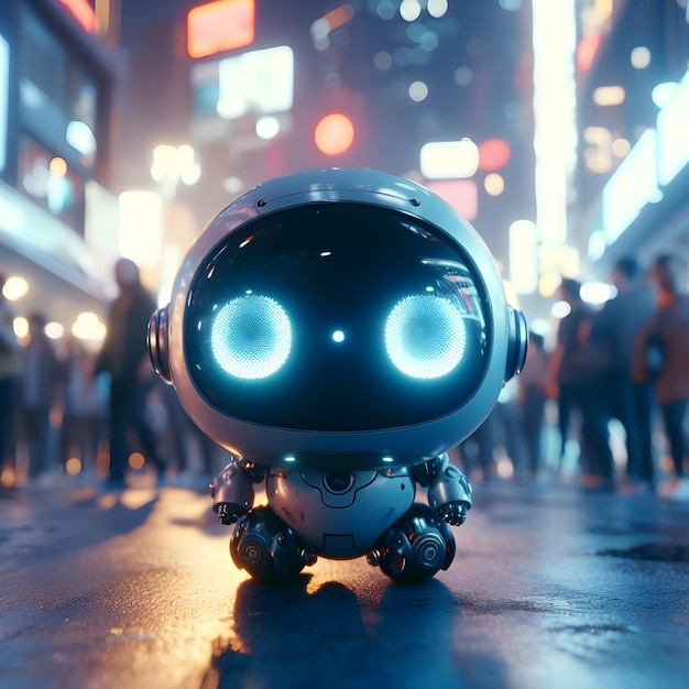 Robot on the road in the city at night 3d rendering