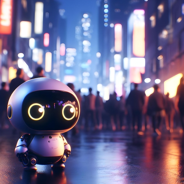 Robot on the road in the city at night 3d rendering