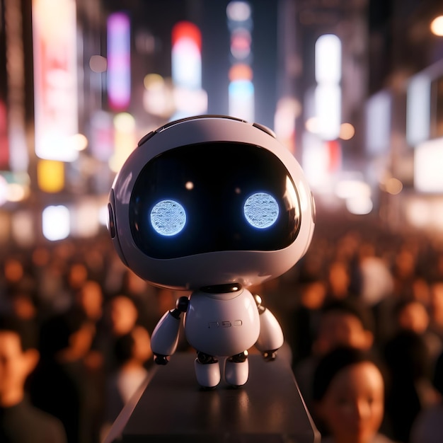 Robot on the road in the city at night 3d rendering