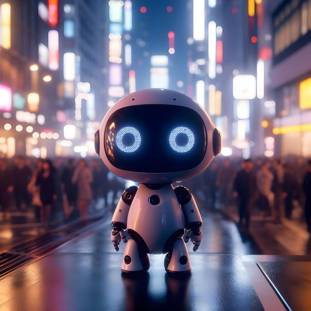 Robot on the road in the city at night 3d rendering