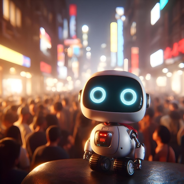 Robot on the road in the city at night 3d rendering