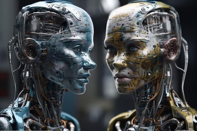 A robot and a robot are looking at each other