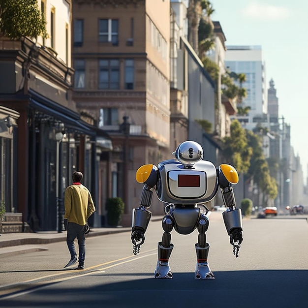 A robot and a robot are standing on the street