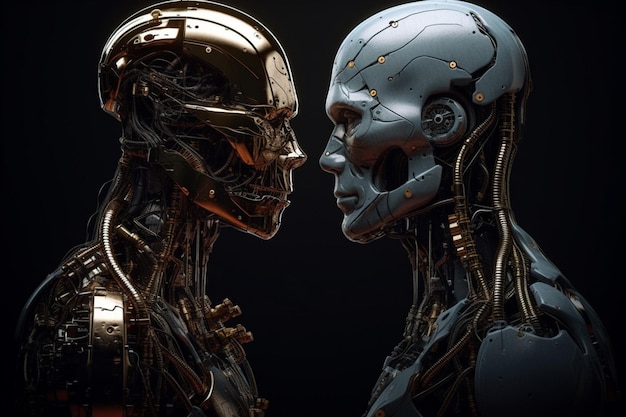 A robot and a robot face are facing each other.