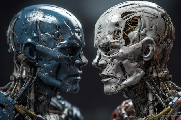 A robot and a robot face are facing each other.