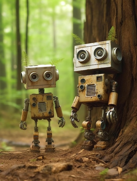 A robot and a robot stand in a forest.