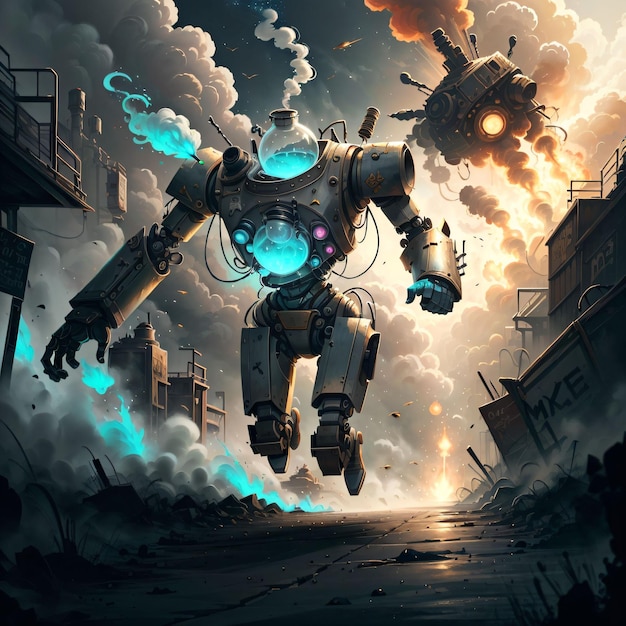 robot running with explosions on background