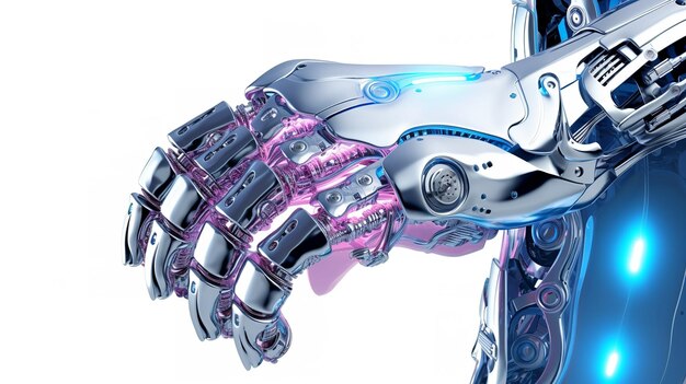 A robot's hand with pink and blue fingers and a pink handle.