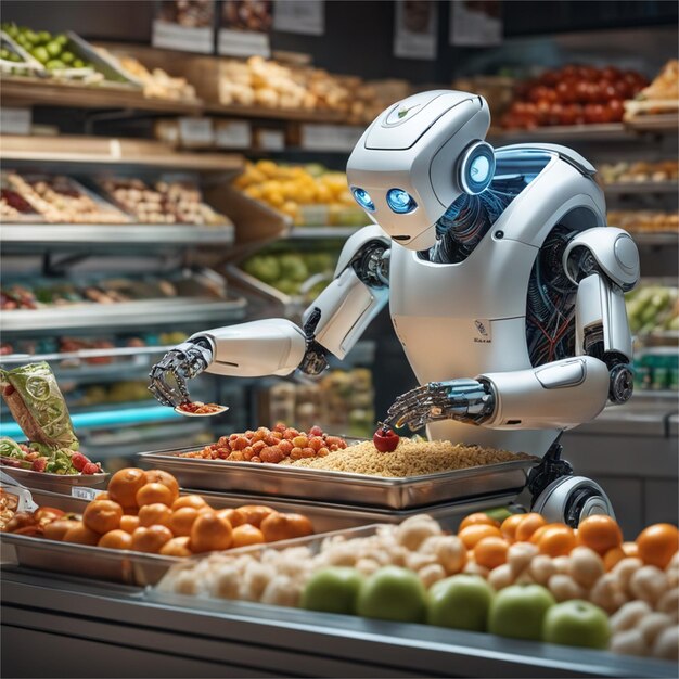 Foto venditore robot in un negozio di frutta che vende frutta