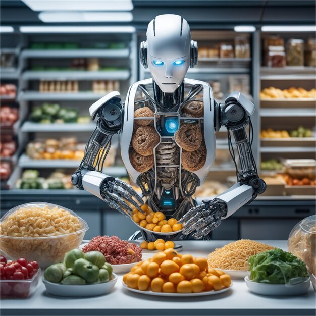 Robot Sales man at fruitshop selling fruits