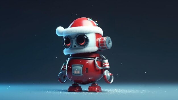 A robot in a santa hat stands on a blue background.