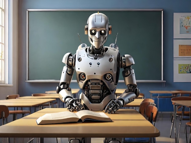 Robot in school class teaches children electronic teacher