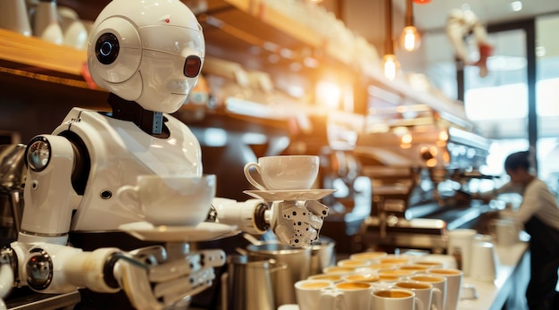 カフェで飲み物をサービスするロボット 人工知能のロボット AIが仕事を取って代わる