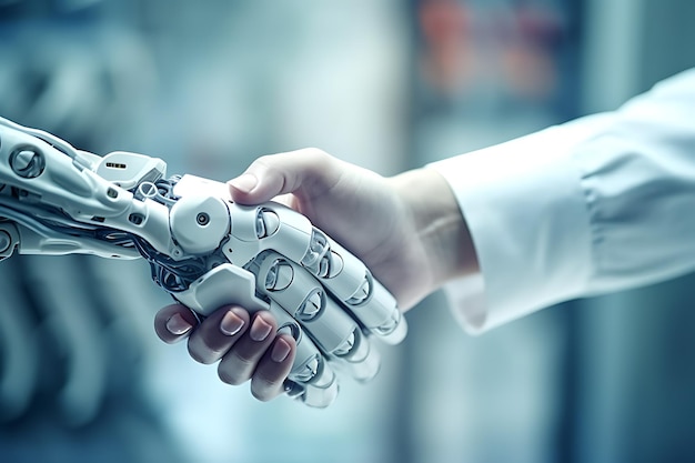 a robot shakes hands with a human