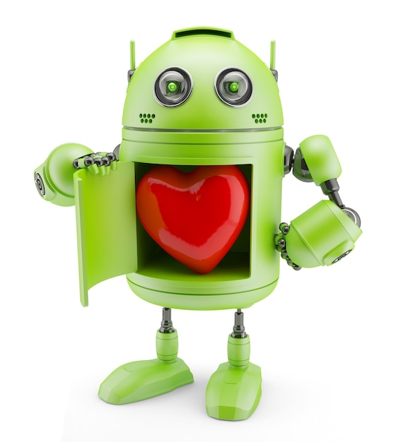 Robot shows heart. Isolated on white background