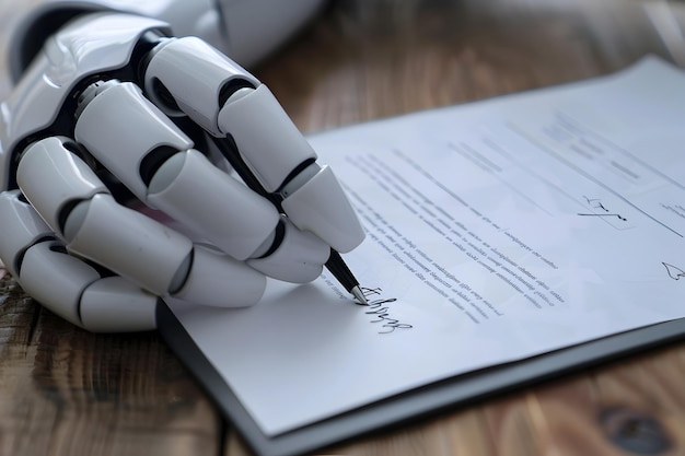 robot signing employment contract on corporate office document