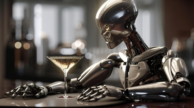 A robot sits at a bar with a glass of coctail