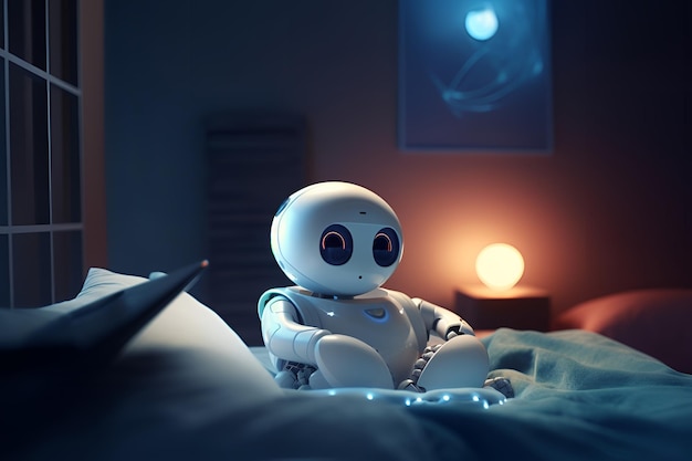 A robot sits on a bed in a dark room.