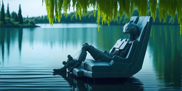 Photo the robot sits in a chair in nature